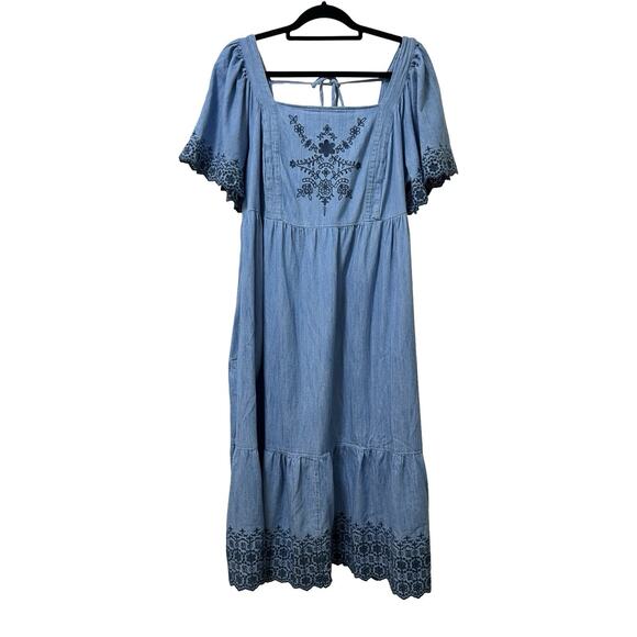 Old Navy Floral Embroidered Denim Square Neck Midi Dress Size 2X Blue Boho - Picture 1 of 8